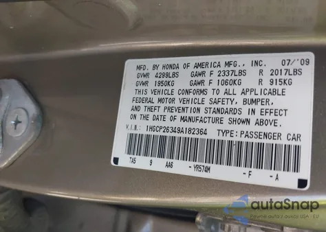 2009 Honda Accord 2.4 Lx z USA, uszkodzony, nr VIN 1HGCP26349A182364